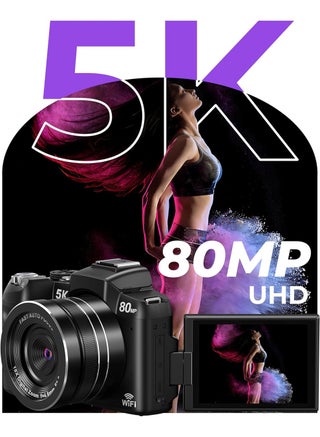 5K Digital Camera - 80MP WiFi Cameras for Photography - UHD Fast Autofocus Vlogging Camera for YouTube with 3" 270° Flip Screen - Travel Video Camara for Beginner with 18X Zoom, 128GB Card, Lens Hood - view 2