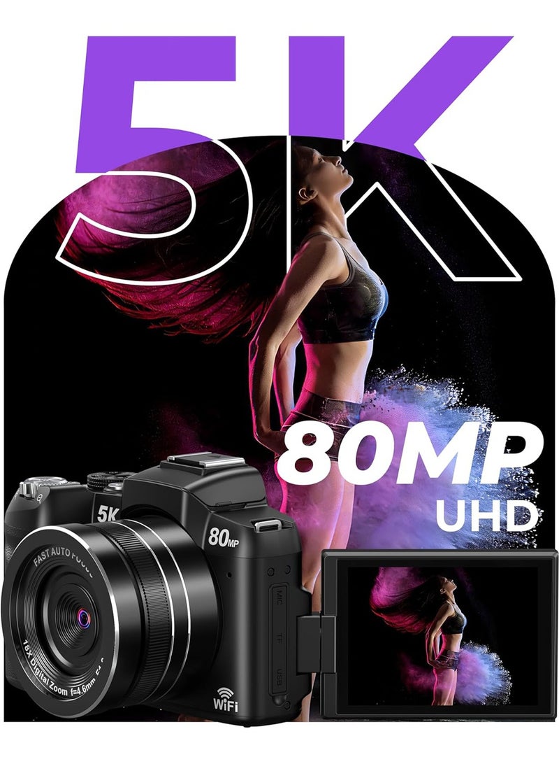 Makrystorm 5K Digital Camera - 80MP WiFi Cameras for Photography - UHD Fast Autofocus Vlogging Camera for YouTube with 3" 270° Flip Screen - Travel Video Camara for Beginner with 18X Zoom, 128GB Card, Lens Hood - Image 2