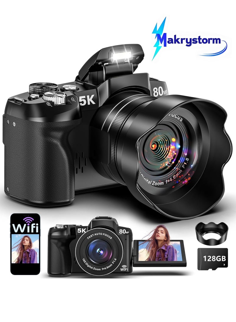 Makrystorm 5K Digital Camera - 80MP WiFi Cameras for Photography - UHD Fast Autofocus Vlogging Camera for YouTube with 3" 270° Flip Screen - Travel Video Camara for Beginner with 18X Zoom, 128GB Card, Lens Hood - Image 1