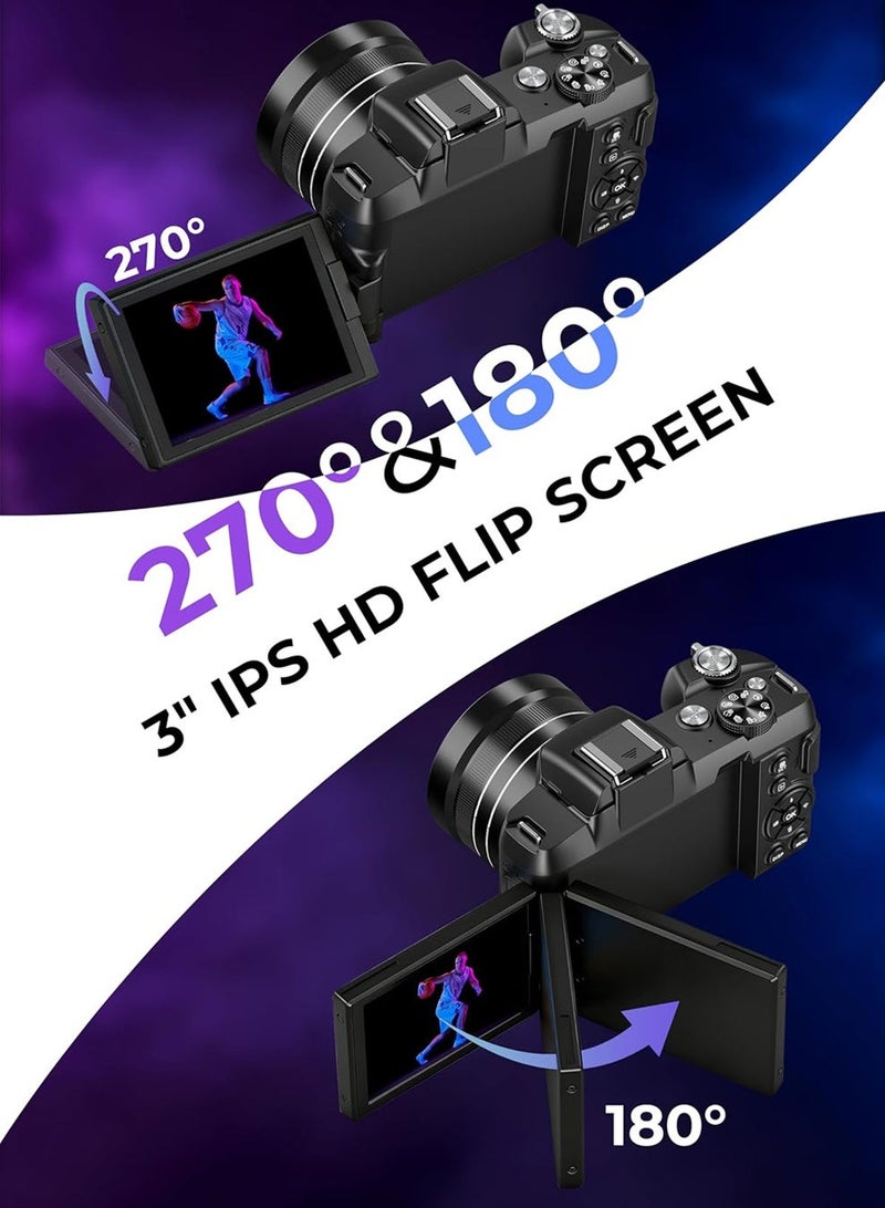 Makrystorm 5K Digital Camera - 80MP WiFi Cameras for Photography - UHD Fast Autofocus Vlogging Camera for YouTube with 3" 270° Flip Screen - Travel Video Camara for Beginner with 18X Zoom, 128GB Card, Lens Hood - Image 3
