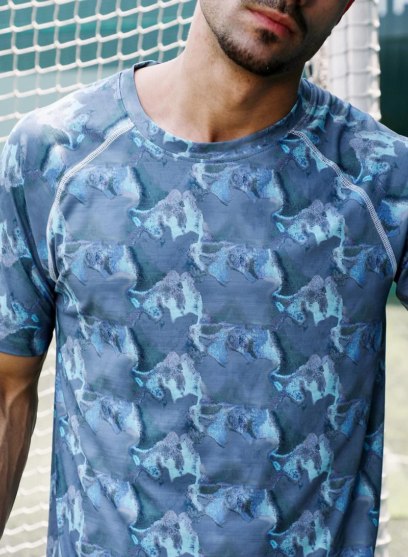 CAHOOT  Men's Slate Blue Panel-Swirl Activewear T-Shirt for Men | Best Price UAE