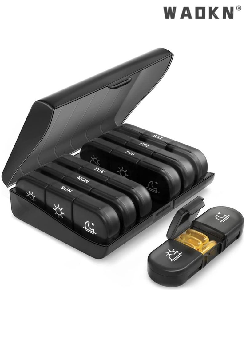 Portable Pill Organizer 3 Times in Day for 1 Week - Light-Proof for Travel, Daily Use, Portable Pill Box - Case for Multi Vitamins, Pills, Medicine, Fish Oils, Supplements (Black)
