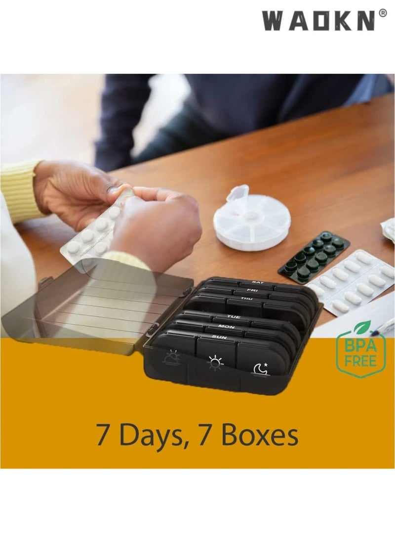 Portable Pill Organizer 3 Times in Day for 1 Week - Light-Proof for Travel, Daily Use, Portable Pill Box - Case for Multi Vitamins, Pills, Medicine, Fish Oils, Supplements (Black)