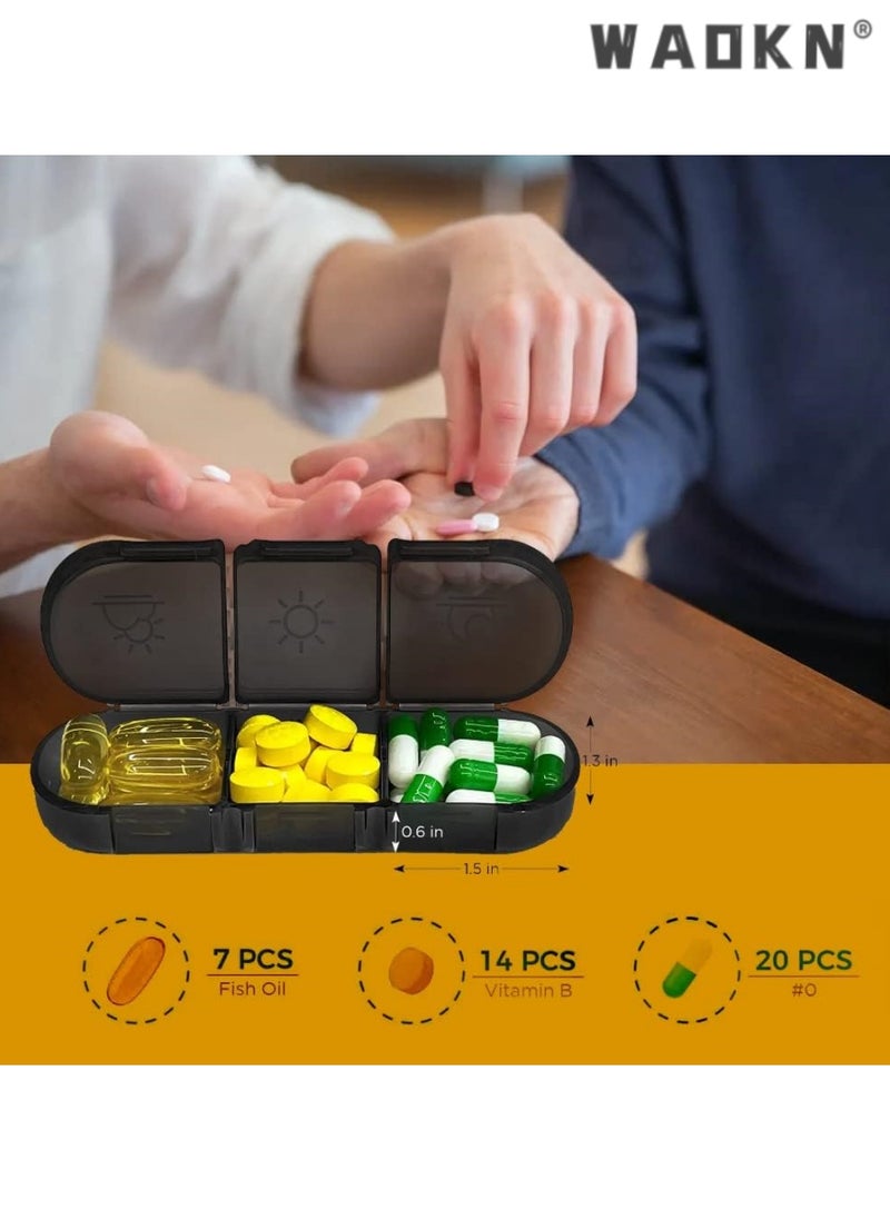 Portable Pill Organizer 3 Times in Day for 1 Week - Light-Proof for Travel, Daily Use, Portable Pill Box - Case for Multi Vitamins, Pills, Medicine, Fish Oils, Supplements (Black)