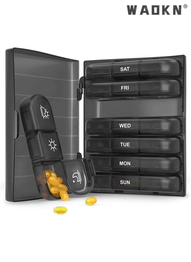 Portable Pill Organizer 3 Times in Day for 1 Week - Light-Proof for Travel, Daily Use, Portable Pill Box - Case for Multi Vitamins, Pills, Medicine, Fish Oils, Supplements (Black)