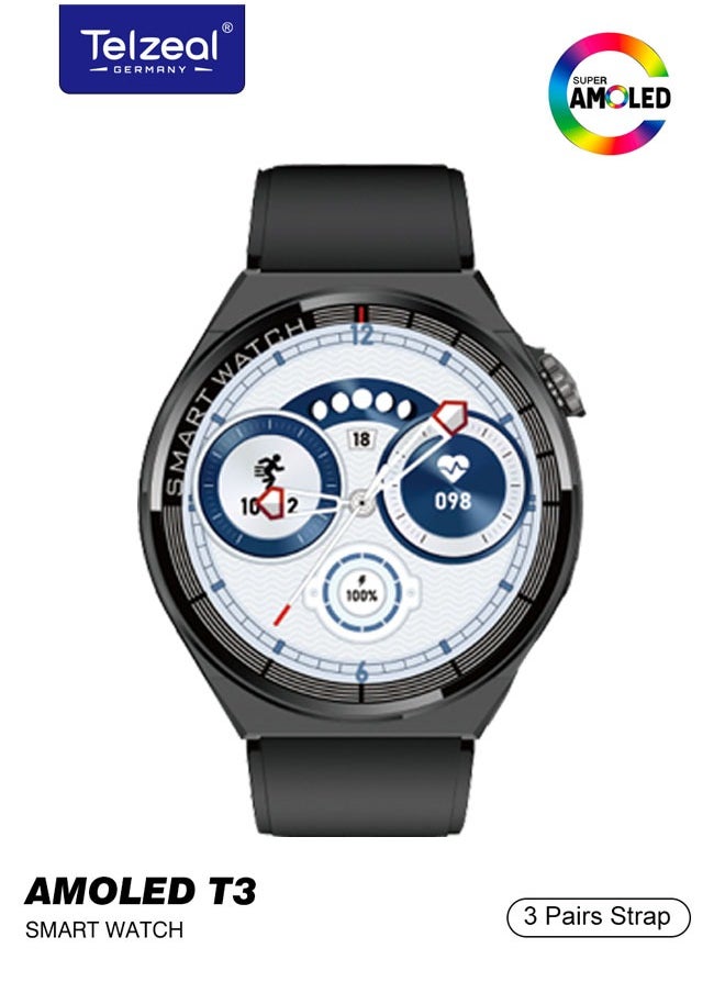 Telzeal - Telzeal AMOLED T3 Round Shape Large Screen Display Smart Watch With 3 Pair Straps and Wireless Charger For Ladies and Gents Black - Image 1