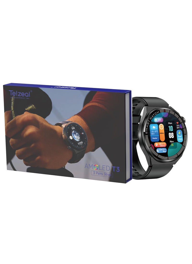 Telzeal - Telzeal AMOLED T3 Round Shape Large Screen Display Smart Watch With 3 Pair Straps and Wireless Charger For Ladies and Gents Black - Image 1