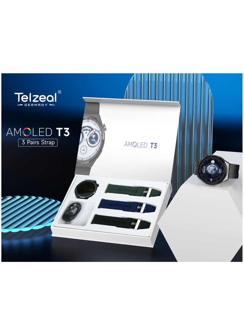Telzeal - Telzeal AMOLED T3 Round Shape Large Screen Display Smart Watch With 3 Pair Straps and Wireless Charger For Ladies and Gents Black - Image 1
