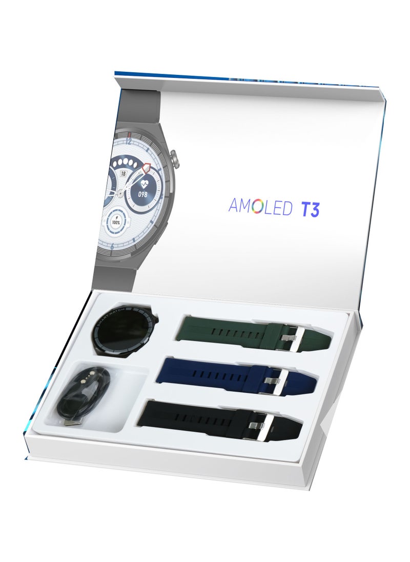 Telzeal - Telzeal AMOLED T3 Round Shape Large Screen Display Smart Watch With 3 Pair Straps and Wireless Charger For Ladies and Gents Black - Image 1