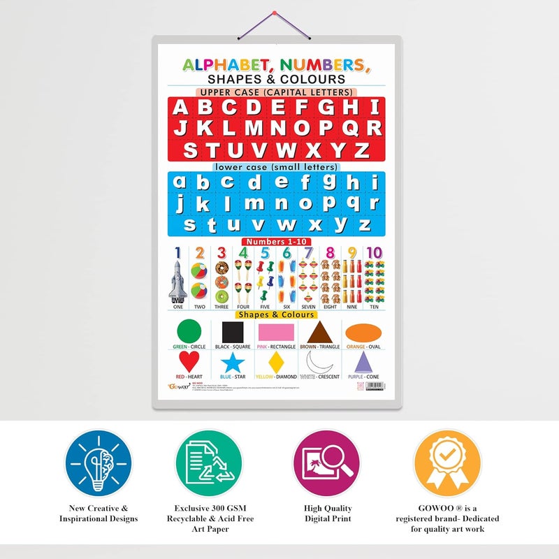 GoWoo Set of 2 Parts of the Body and Alphabet, Numbers, Shapes & Colours Early Learning Educational Charts for Kids | 20"X30" inch |Non-Tearable and Waterproof | Double Sided Laminated | Perfect for Homeschooling, Kindergarten and Nursery Students - Image 4