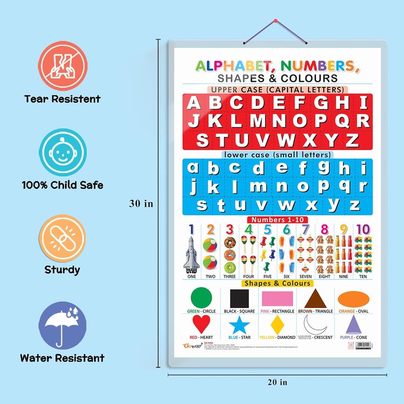 GoWoo Set of 2 Parts of the Body and Alphabet, Numbers, Shapes & Colours Early Learning Educational Charts for Kids | 20"X30" inch |Non-Tearable and Waterproof | Double Sided Laminated | Perfect for Homeschooling, Kindergarten and Nursery Students - Image 3