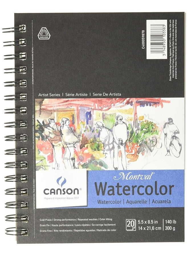 CANSON ورق مائي من سلسلة كانسون للفنانين، دفتر متصل، 5.5x8.5 بوصة، 20 ورقة (140 رطل/300 جرام) - ورق فني للبالغين والطلاب - للألوان المائية، الوسائط المختلطة، الأقلام والكتابة الفنية - Image 2