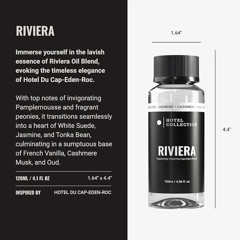 Hotel Collection Riviera Fragrance Oil Blend - Hotel Inspired for Luxury Essential Oil Diffusers - Aromatherapy Scent Diffuser Oil - Pampleemousse, Jasmine, and Cashmere Oud - 120 mL, 4.1 fl oz