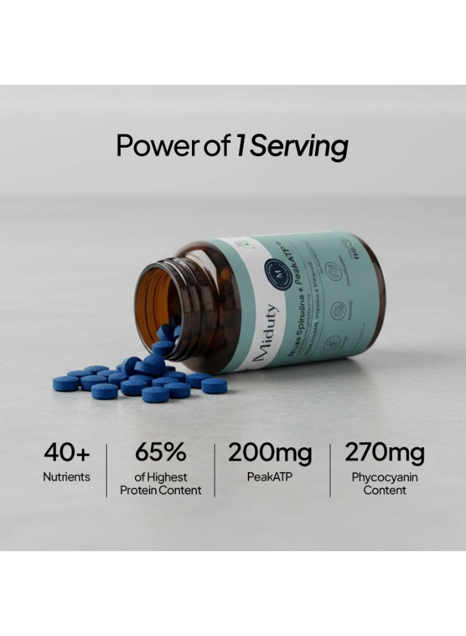 Miduty Blue Spirulina + Peak ATP - Energy & Muscle Fatigue Support - 40+ Nutrients, 65% Plant Protein, Phycocyanin-Rich Superfood - Immunity & Detox Support - 120 Tablets - Image 2