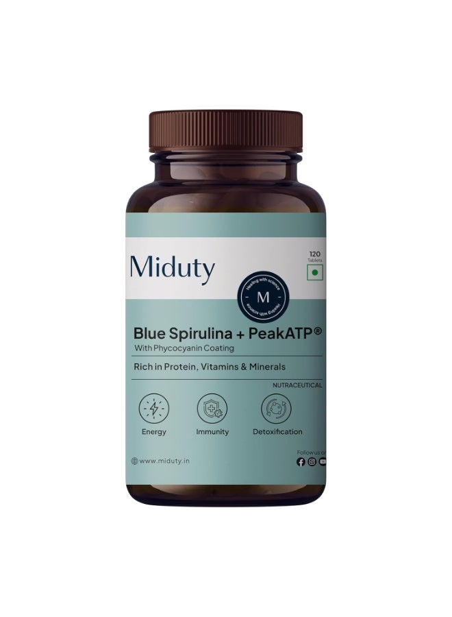 Miduty Blue Spirulina + Peak ATP - Energy & Muscle Fatigue Support - 40+ Nutrients, 65% Plant Protein, Phycocyanin-Rich Superfood - Immunity & Detox Support - 120 Tablets - Image 1