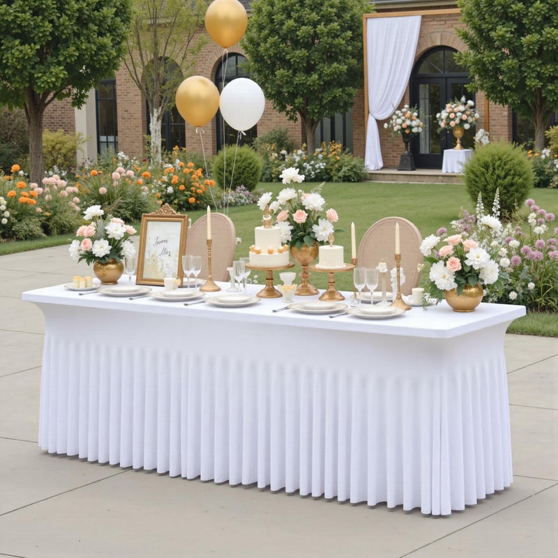 Htper Htper White Spandex Table Clothes for 8 Foot Rectangle Tables Wrinkle Free Fitted Tablecloths Desk Skirt Stretchy Table Cloth Cover 8ft for Parties Weddings Birthday Banquet Baby Shower