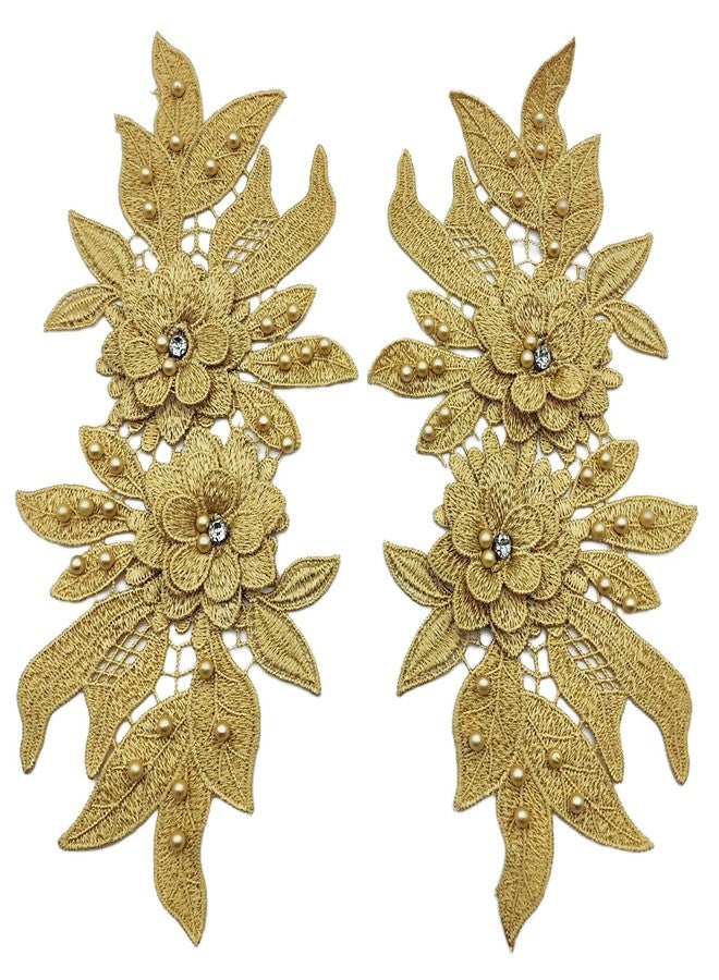Carytalee 1 Pair Lace Fabric Flower Bead Patches Embroidered Trim Applique Floral Motif Lace Decor for Clothing DIY Sewing Craft Decoration, Champagne 9.2 x 4.5 Inch - Image 3