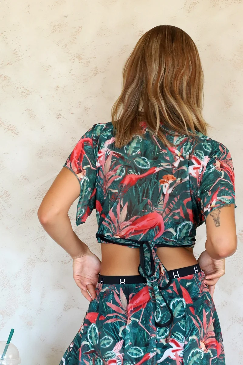 هامور Dough Crop Cross Tie Detailed Beach Pareo Summer Tulle Chiffon Blouse Flower Green Std