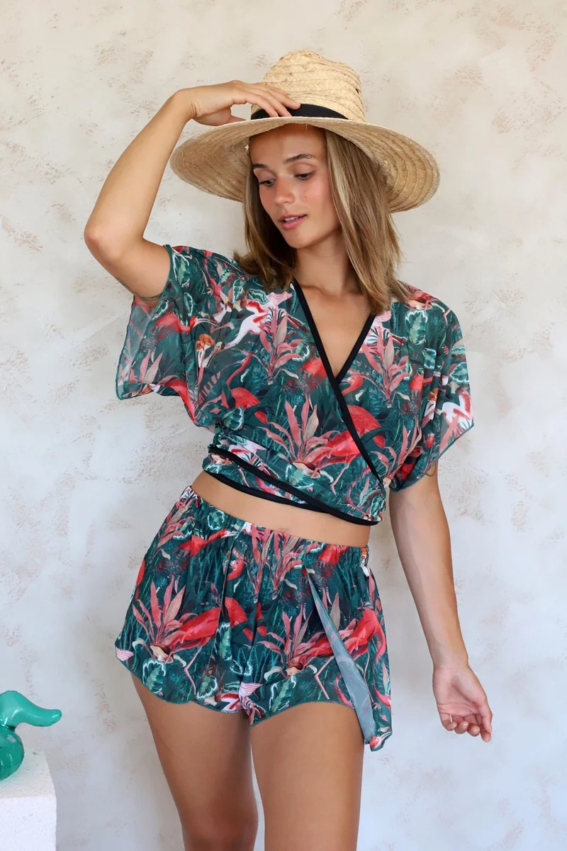 هامور Dough Crop Cross Tie Detailed Beach Pareo Summer Tulle Chiffon Blouse Flower Green Std