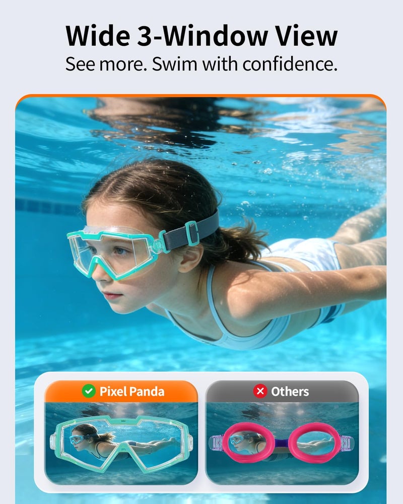 Pixel Panda 2 Pack Swim goggles for Kids 6-14, Wide View Kids Swim Goggles with Fabric Strap for Boys Girls, No leak Anti-Fog Anti-UV, Green & Pink - Image 2
