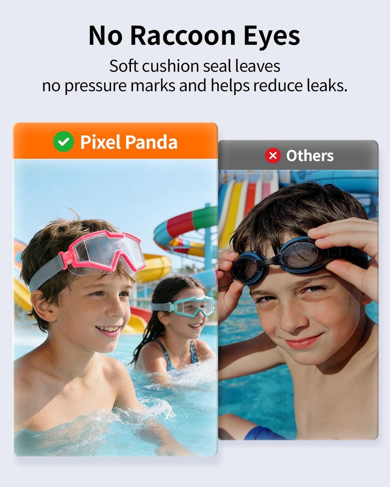 Pixel Panda 2 Pack Swim goggles for Kids 6-14, Wide View Kids Swim Goggles with Fabric Strap for Boys Girls, No leak Anti-Fog Anti-UV, Green & Pink - Image 4