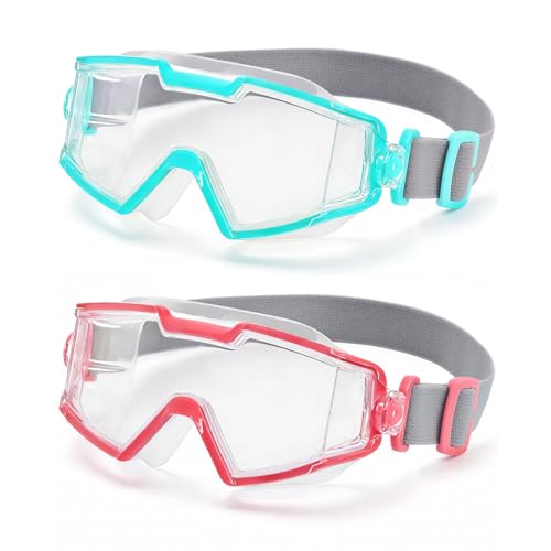 Pixel Panda 2 Pack Swim goggles for Kids 6-14, Wide View Kids Swim Goggles with Fabric Strap for Boys Girls, No leak Anti-Fog Anti-UV, Green & Pink - Image 1