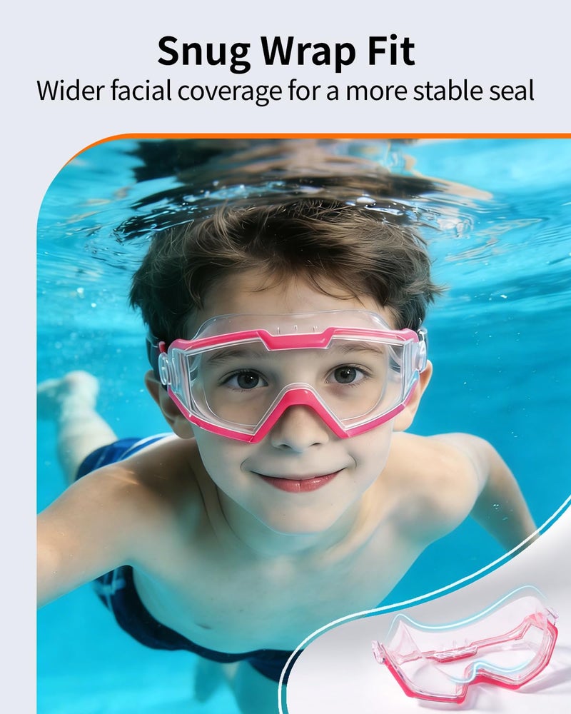 Pixel Panda 2 Pack Swim goggles for Kids 6-14, Wide View Kids Swim Goggles with Fabric Strap for Boys Girls, No leak Anti-Fog Anti-UV, Green & Pink - Image 3