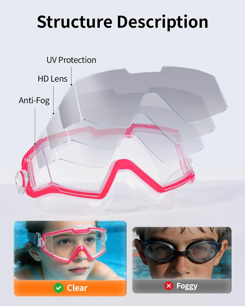 Pixel Panda 2 Pack Swim goggles for Kids 6-14, Wide View Kids Swim Goggles with Fabric Strap for Boys Girls, No leak Anti-Fog Anti-UV, Green & Pink - Image 5