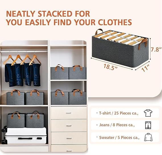 IDENSIC idensic Wardrobe Organizer for Clothes with Metal Frame Rectangle Storage Baskets for Clothing Fabric Storage Box with Handles Shelf Basket for Storage Clothes Pants Jeans Sweater Pack of 6 - Image 2