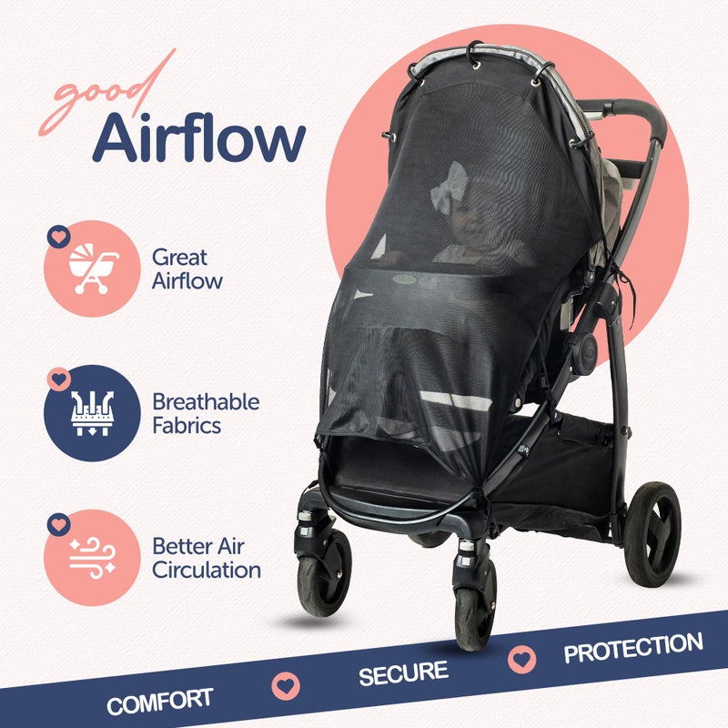 IntiMom غطاء الشمس لعربة الأطفال من إنتي موم - غطاء حماية من الأشعة فوق البنفسجية عالمي لعربات الأطفال مع رؤية واضحة، واقي شمس قابل للتثبيت، درع شمس للرضع، قابل للتعديل وقابل للتنفس، تغطية كاملة، XL أسود - Image 3