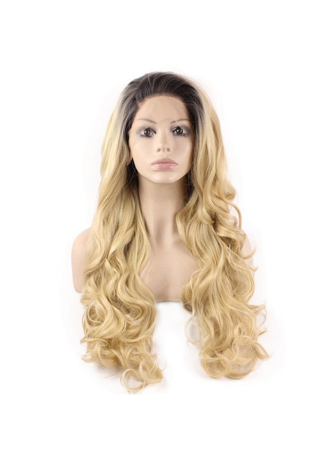 MX angel - Mxangel Long Wavy Dark Root Ombre Blonde Half Hand Tied Heat Resistant Fiber Fashion Ombre Blond Synthetic Hair Lace Front Wig Natural - Image 1