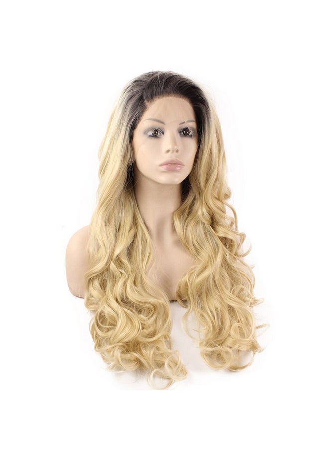 MX angel - Mxangel Long Wavy Dark Root Ombre Blonde Half Hand Tied Heat Resistant Fiber Fashion Ombre Blond Synthetic Hair Lace Front Wig Natural - Image 1