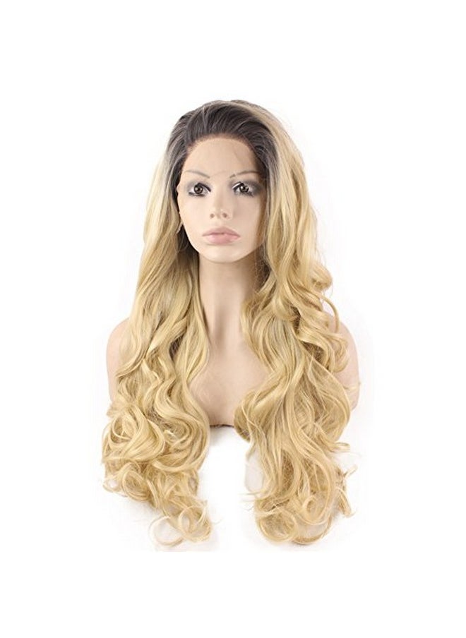 MX angel - Mxangel Long Wavy Dark Root Ombre Blonde Half Hand Tied Heat Resistant Fiber Fashion Ombre Blond Synthetic Hair Lace Front Wig Natural - Image 1
