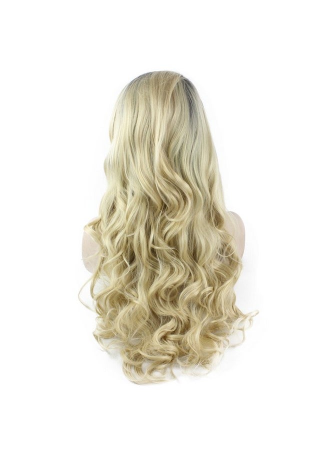 MX angel - Mxangel Long Wavy Dark Root Ombre Blonde Half Hand Tied Heat Resistant Fiber Fashion Ombre Blond Synthetic Hair Lace Front Wig Natural - Image 1