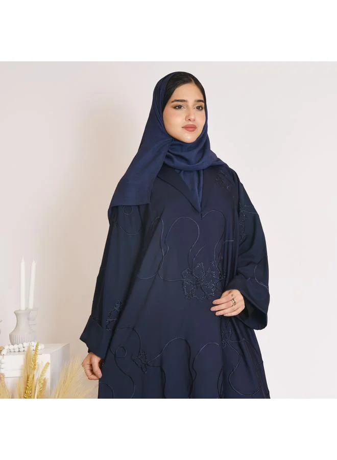 عبايات حوراء عباية ربع كلوش باللون الكحلي بكلر وكم واسع بتطريز مزين بفصوص