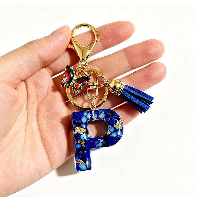 English Resin Letter Keychain with Butterfly Tassel Pendant - Image 2
