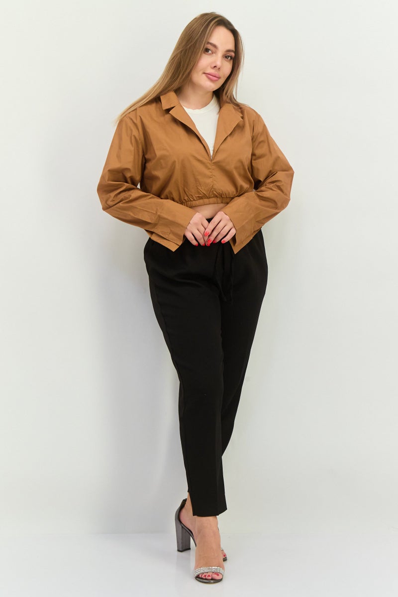 PUBLIC DESIRE Women Notched Neck Long Sleeve Solid Blouse, Brown - Image 3