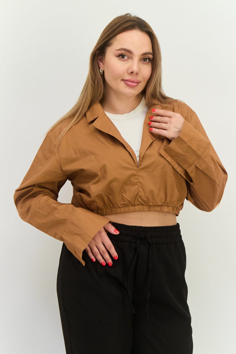 PUBLIC DESIRE Women Notched Neck Long Sleeve Solid Blouse, Brown - Image 1