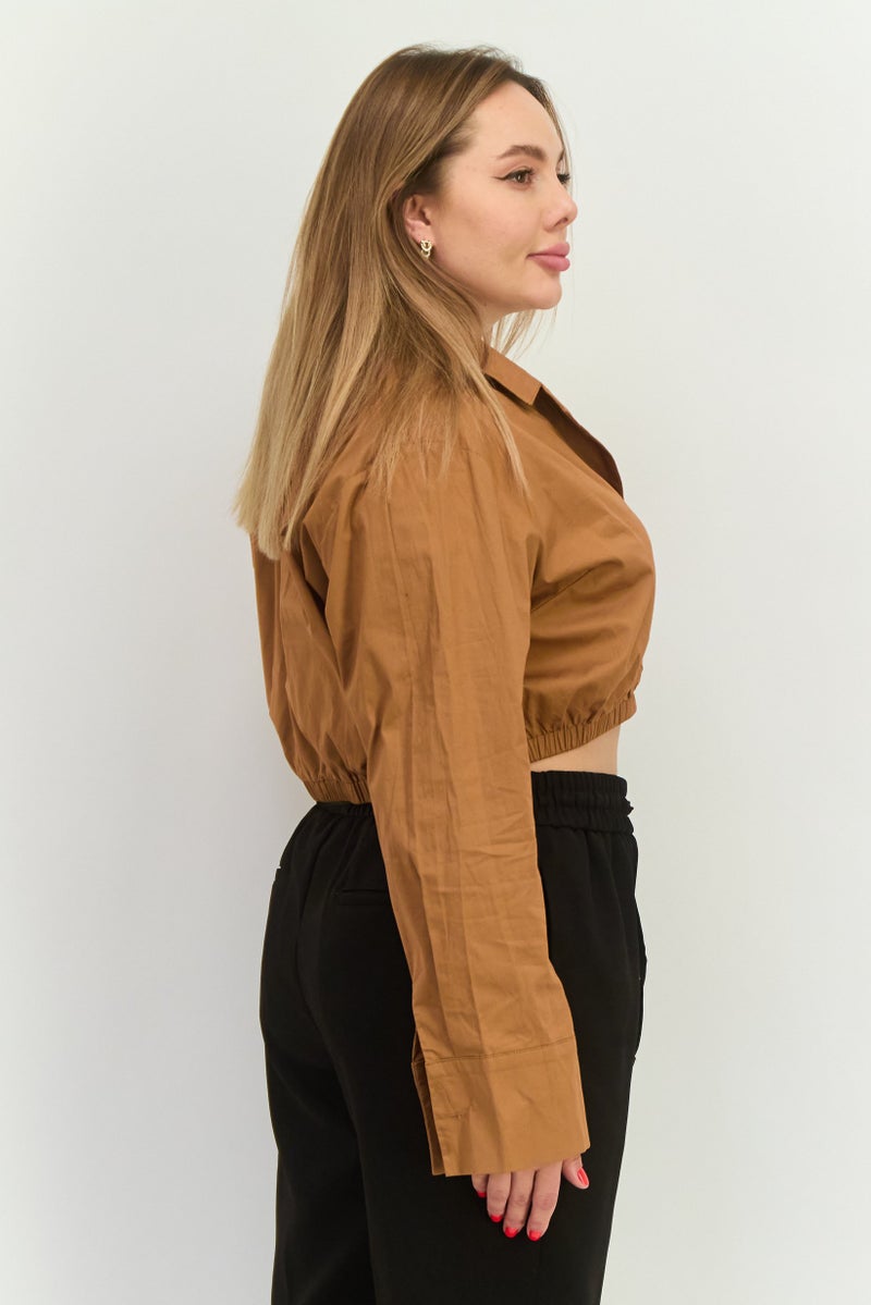 PUBLIC DESIRE بلوزة نسائية بأكمام طويلة وياقة مشقوقة، بني - Image 4