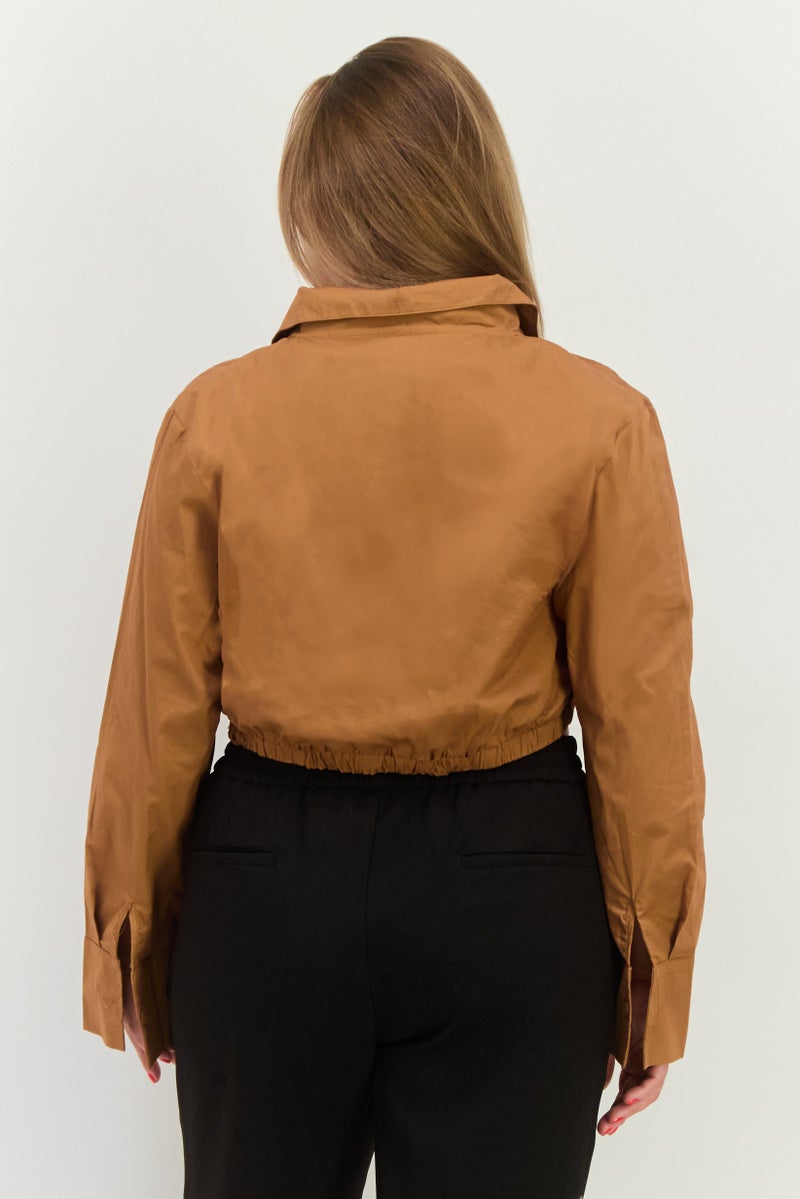 PUBLIC DESIRE بلوزة نسائية بأكمام طويلة وياقة مشقوقة، بني - Image 2