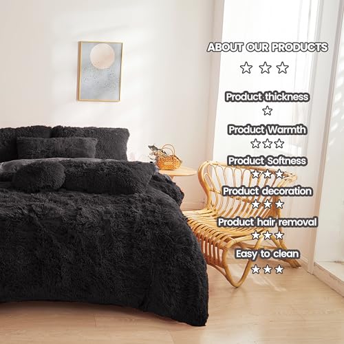 FOPPA Black Fur Comforter Cover Set Queen - Ultra Soft Fluffy Plush Bedding Sets 3 Pieces (1 Faux Fur Duvet Cover + 2 Faux Fur Pillow case) Fluffy Bed Sets (Black, Queen) - Image 5