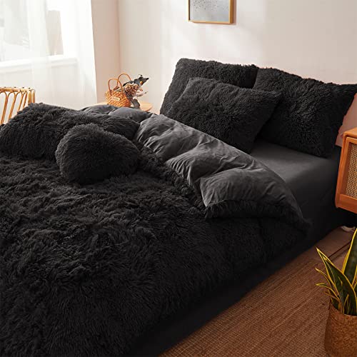 FOPPA Black Fur Comforter Cover Set Queen - Ultra Soft Fluffy Plush Bedding Sets 3 Pieces (1 Faux Fur Duvet Cover + 2 Faux Fur Pillow case) Fluffy Bed Sets (Black, Queen) - Image 4