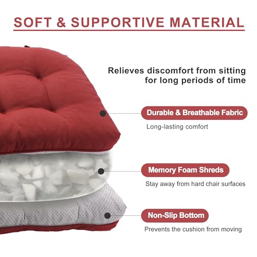 Battilo Chair Cushions Set of 2 for Dining Chairs, Seat Cushions for Kitchen Chairs with Non-Slip Backing, Indoor/Outdoor Waterproof Chair Seat Pads with Ties, 15.5"x15.5"x4", Red - Image 2