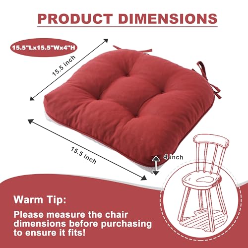 Battilo Chair Cushions Set of 2 for Dining Chairs, Seat Cushions for Kitchen Chairs with Non-Slip Backing, Indoor/Outdoor Waterproof Chair Seat Pads with Ties, 15.5"x15.5"x4", Red - Image 5