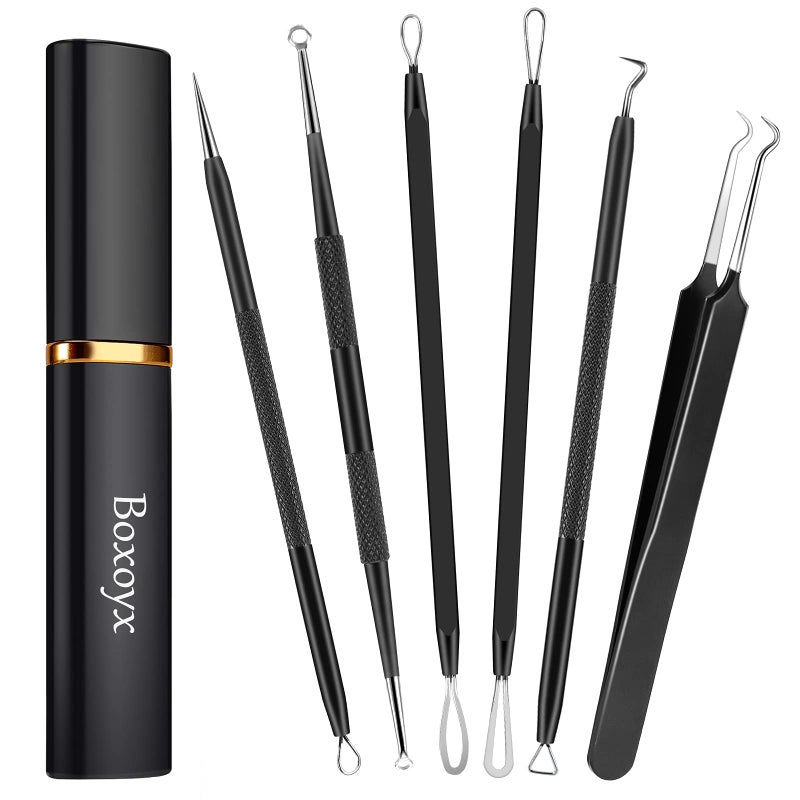 Boxoyx Pimple Popper Tool Kit - 6 Pcs Blackhead Remover Comedone Extractor Tool Kit with Metal Case for Quick and Easy Removal of Pimples, Blackheads, Zit Removing, Forehead, Facial and Nose(Black) - Image 1