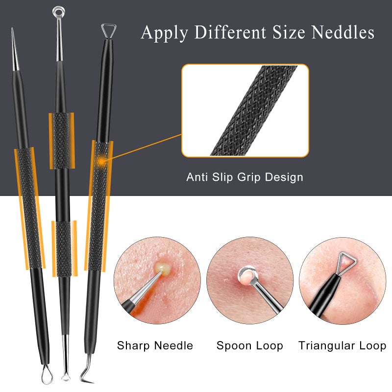 Boxoyx Pimple Popper Tool Kit - 6 Pcs Blackhead Remover Comedone Extractor Tool Kit with Metal Case for Quick and Easy Removal of Pimples, Blackheads, Zit Removing, Forehead, Facial and Nose(Black) - Image 4
