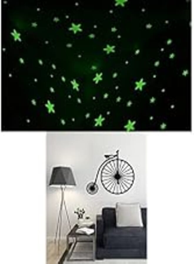 Bundle of 100 Pcs Home Wall Glow In The Dark Stars Stickers Kids Room Decoration + Decorative Classic Bike Sticker wall art 80X80 cm