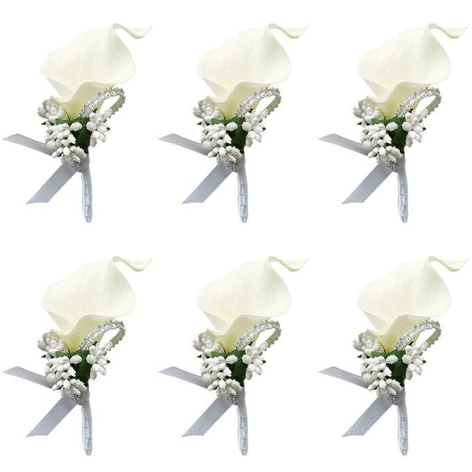 CALLA LILY WHITE BOUTONNIERE HANDMADE SILK FLOWER WITH RIBBON CORSAGE FOR BRIDE GROOM WEDDING PARTY 6 PACKS