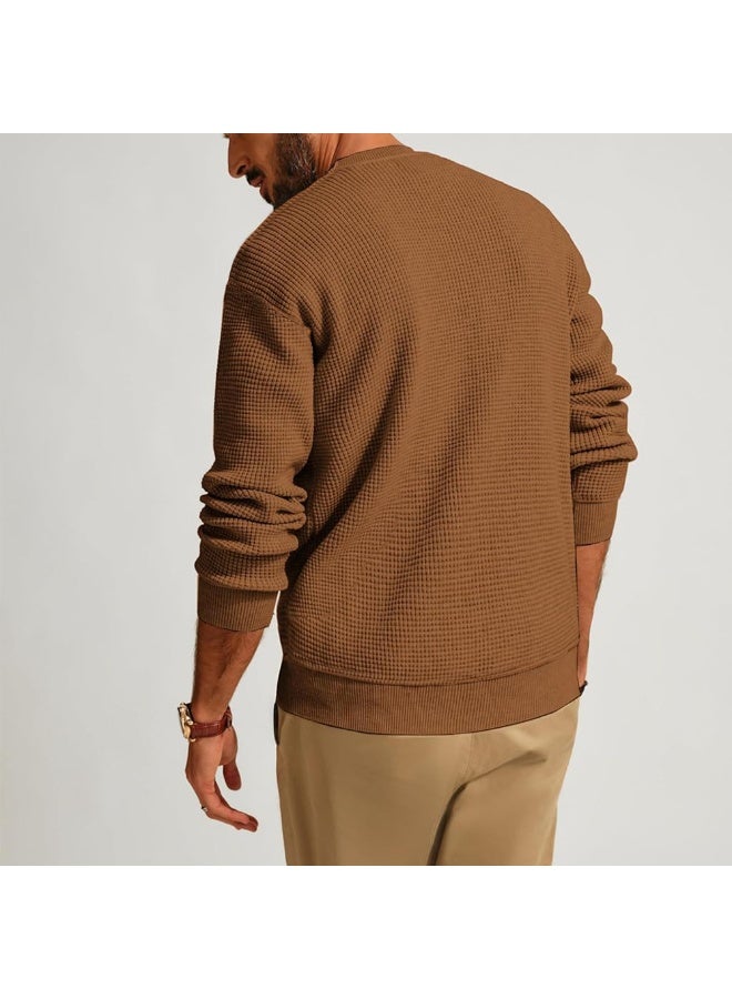 NIBEMINENT Solid Color Waffle Round Neck Men's Sweater Comfortable And Casual Simple Top Solid Color Commuting Pullover Sweater - Image 2