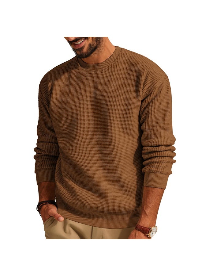 NIBEMINENT Solid Color Waffle Round Neck Men's Sweater Comfortable And Casual Simple Top Solid Color Commuting Pullover Sweater - Image 1